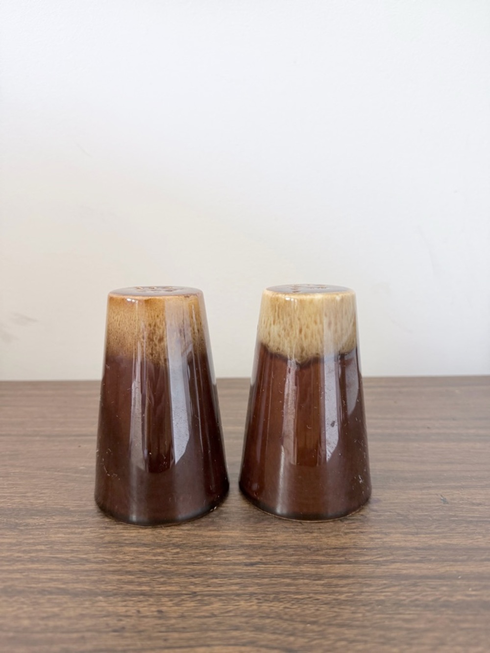 Vintage Stoneware Brown and Cream Glazed Ceramic Salt and Pepper Shakers
